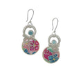 Drop earrings with sculpted sterling silver loops arching over a circular stone in shades of pink, magenta, teal blue, and mint green, curving down and along the top edge, finished with a serpentine aquamarine bead and a silver spiral accent.